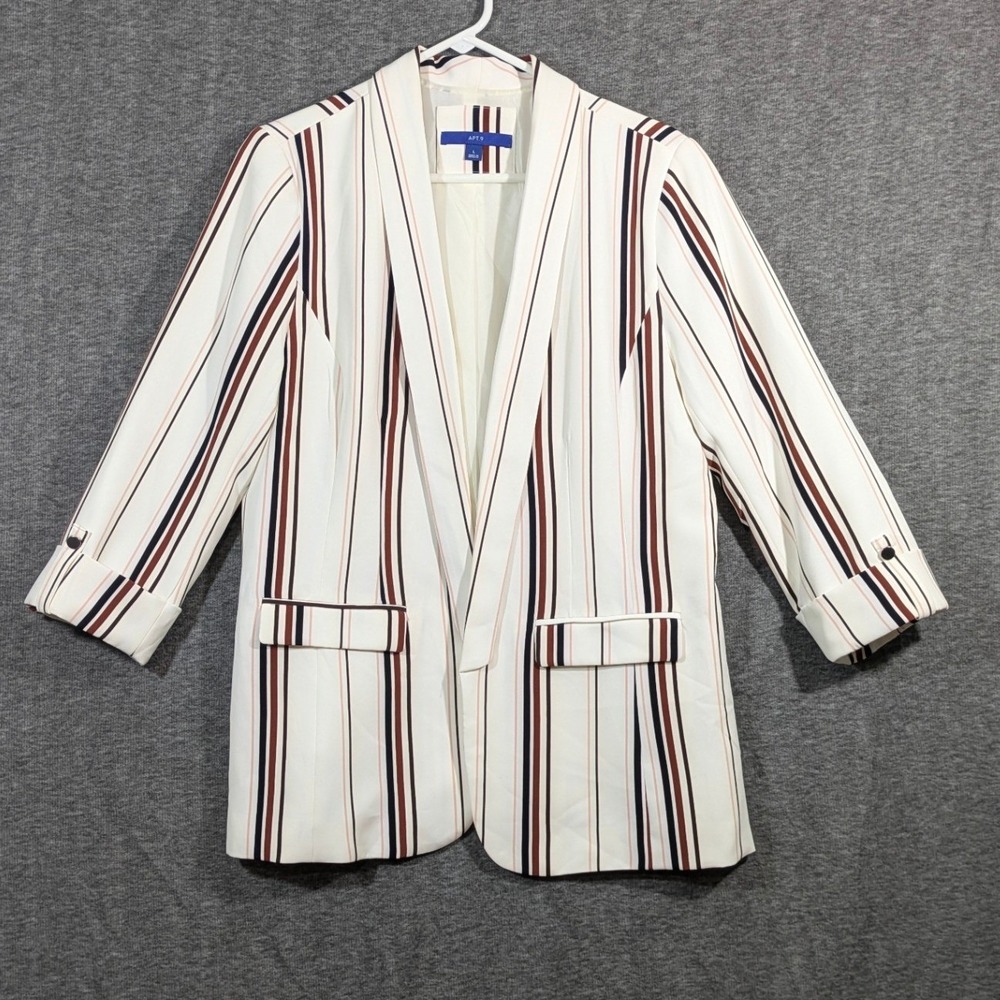 Apt 9 Womens White Striped Open‎ Front Blazer 3/4 Sleeve Business Office Size L